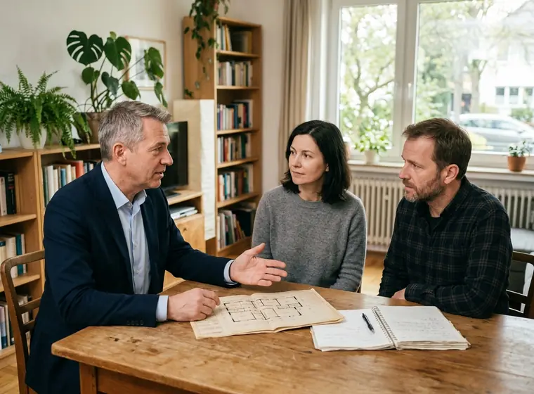 Sachverständiger erklärt zwei Geschwistern die Bewertung