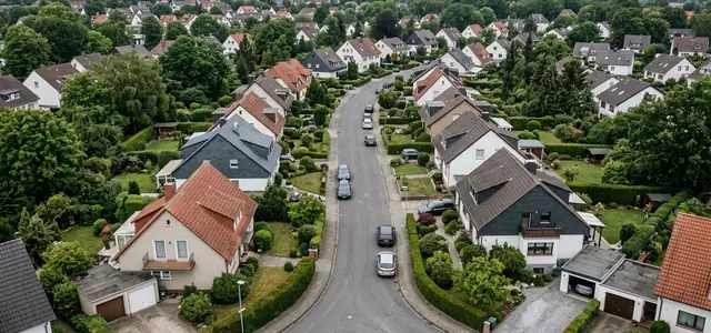 Luftbild einer Wohnstraße mit Einfamilienhäusern