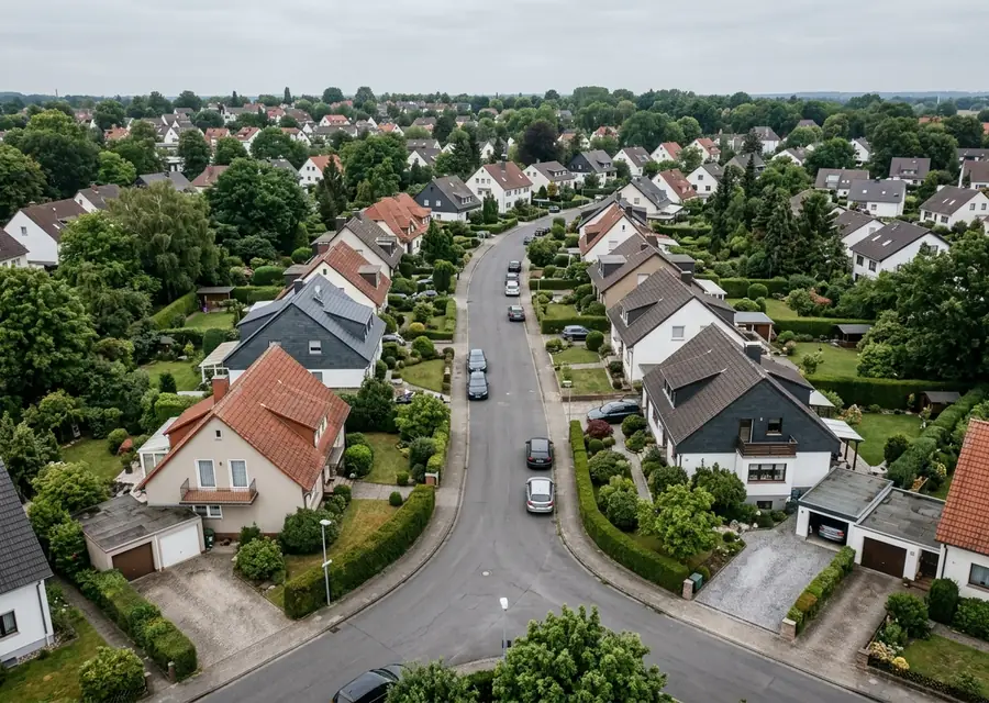 Luftbild einer Wohnstraße mit Einfamilienhäusern und Gärten